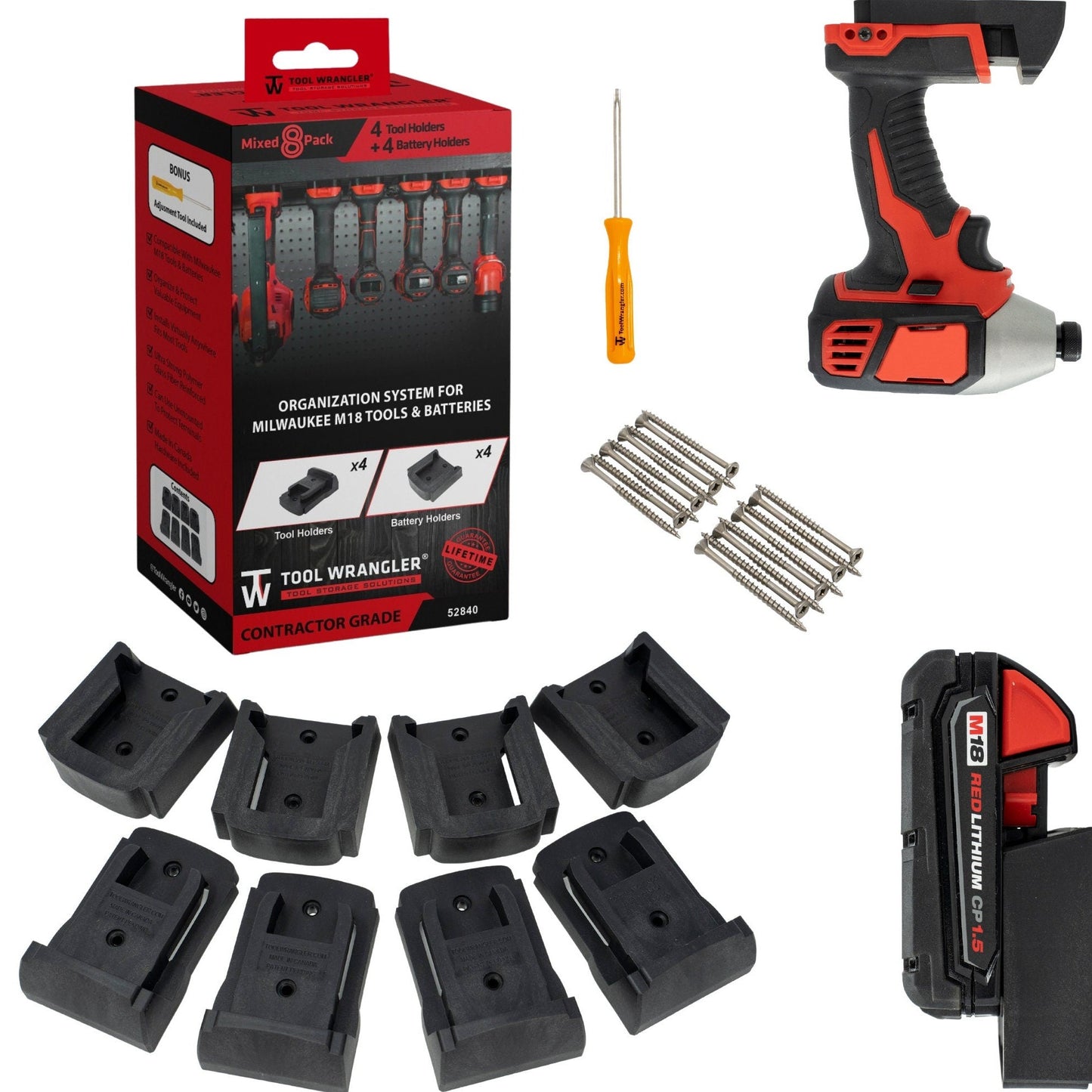 ToolWrangler Mounts For Milwaukee M18 Cordless Tools & Batteries - FREE US Shipping - Lifetime Warranty - Mixed 8-Pack